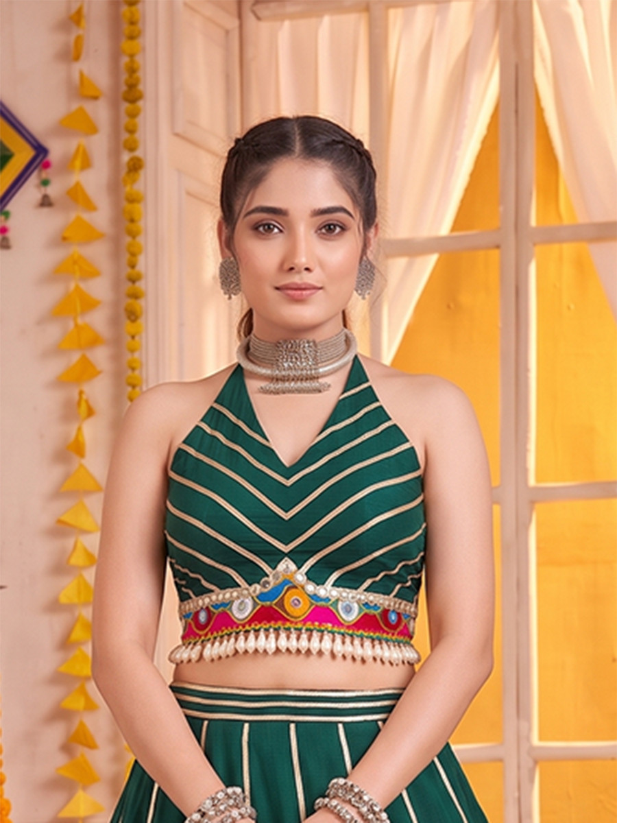 Green Georgette Mirror Gamthi Wedding Reception Festival Party Wear Circular Lehenga Choli