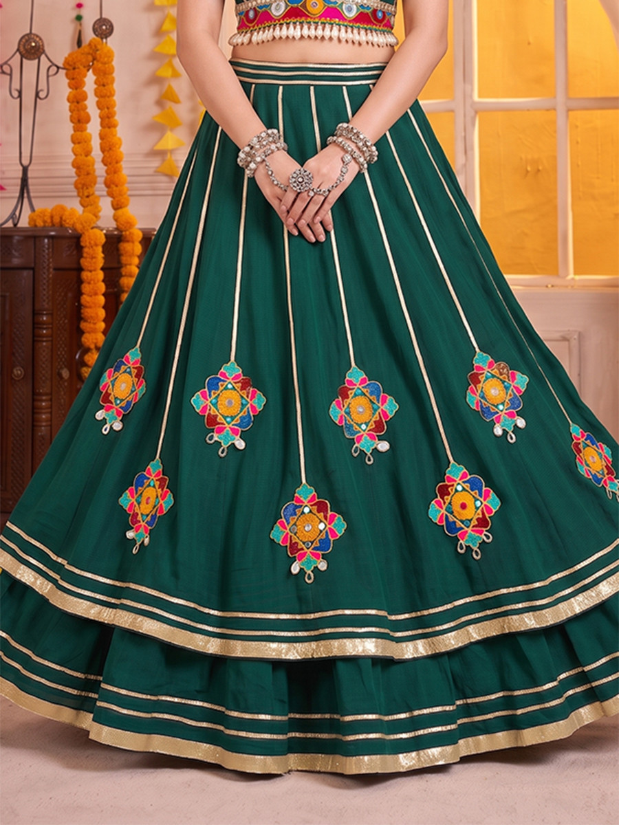 Green Georgette Mirror Gamthi Wedding Reception Festival Party Wear Circular Lehenga Choli