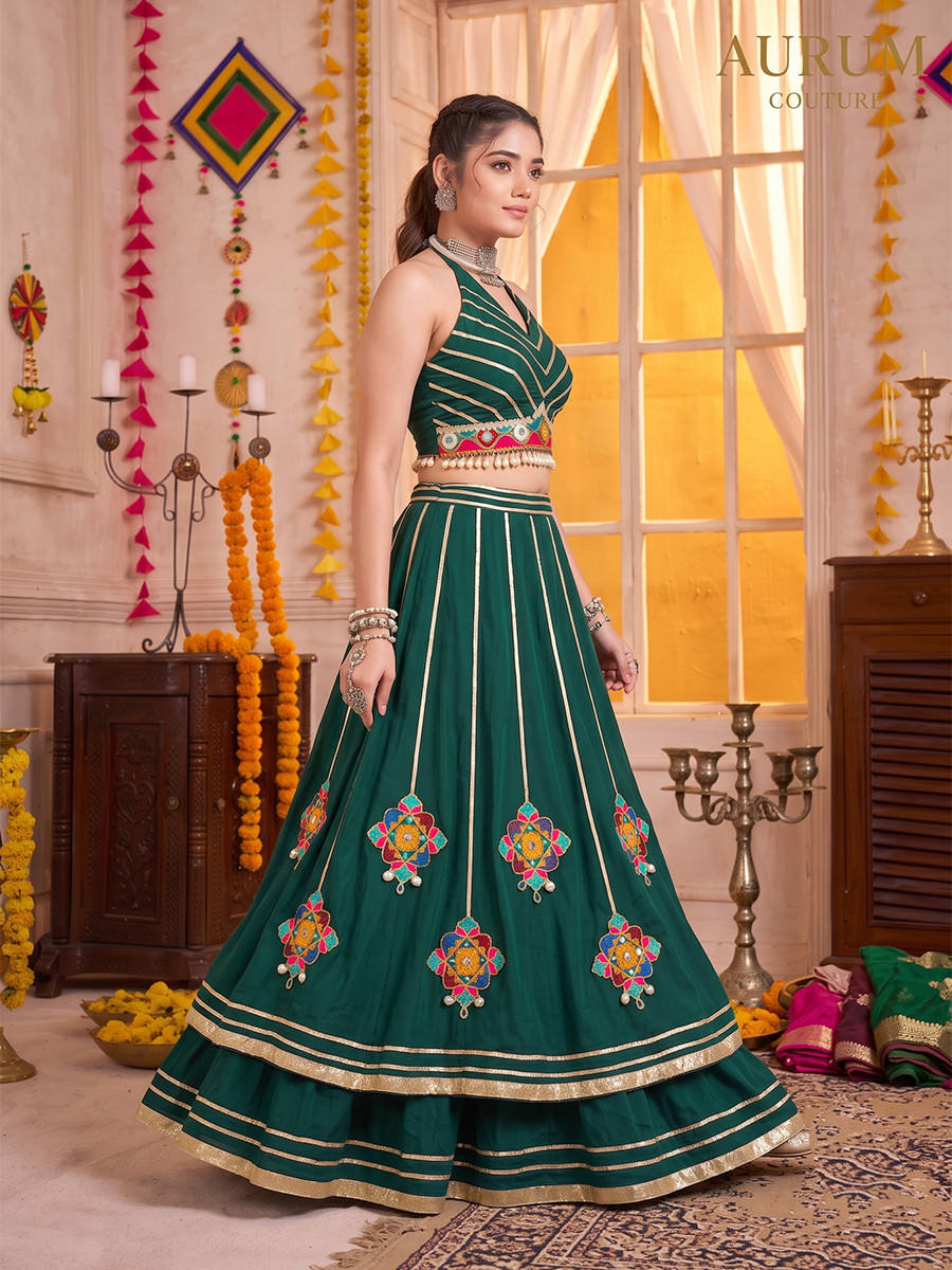 Green Georgette Mirror Gamthi Wedding Reception Festival Party Wear Circular Lehenga Choli