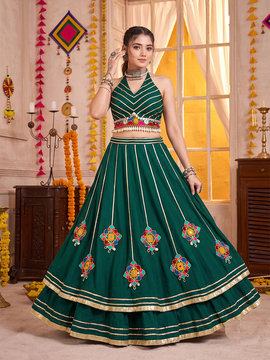 Green Georgette Mirror Gamthi Wedding Reception Festival Party Wear Circular Lehenga Choli