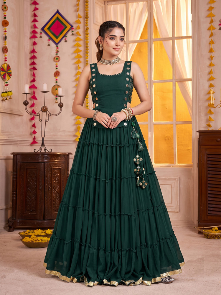Image of Green Georgette Mirror Wedding Reception Festival Party Wear Circular Lehenga Choli