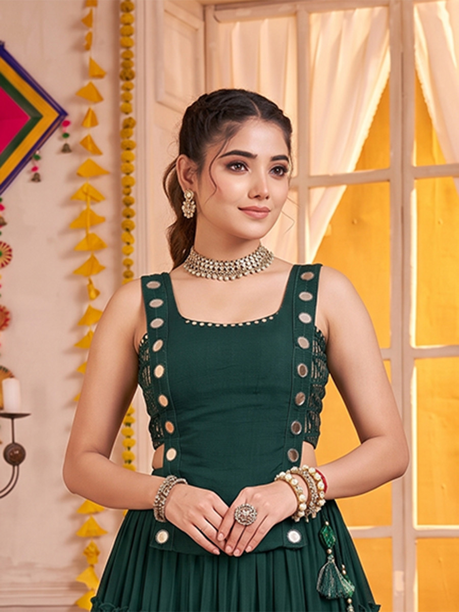 Green Georgette Mirror Wedding Reception Festival Party Wear Circular Lehenga Choli