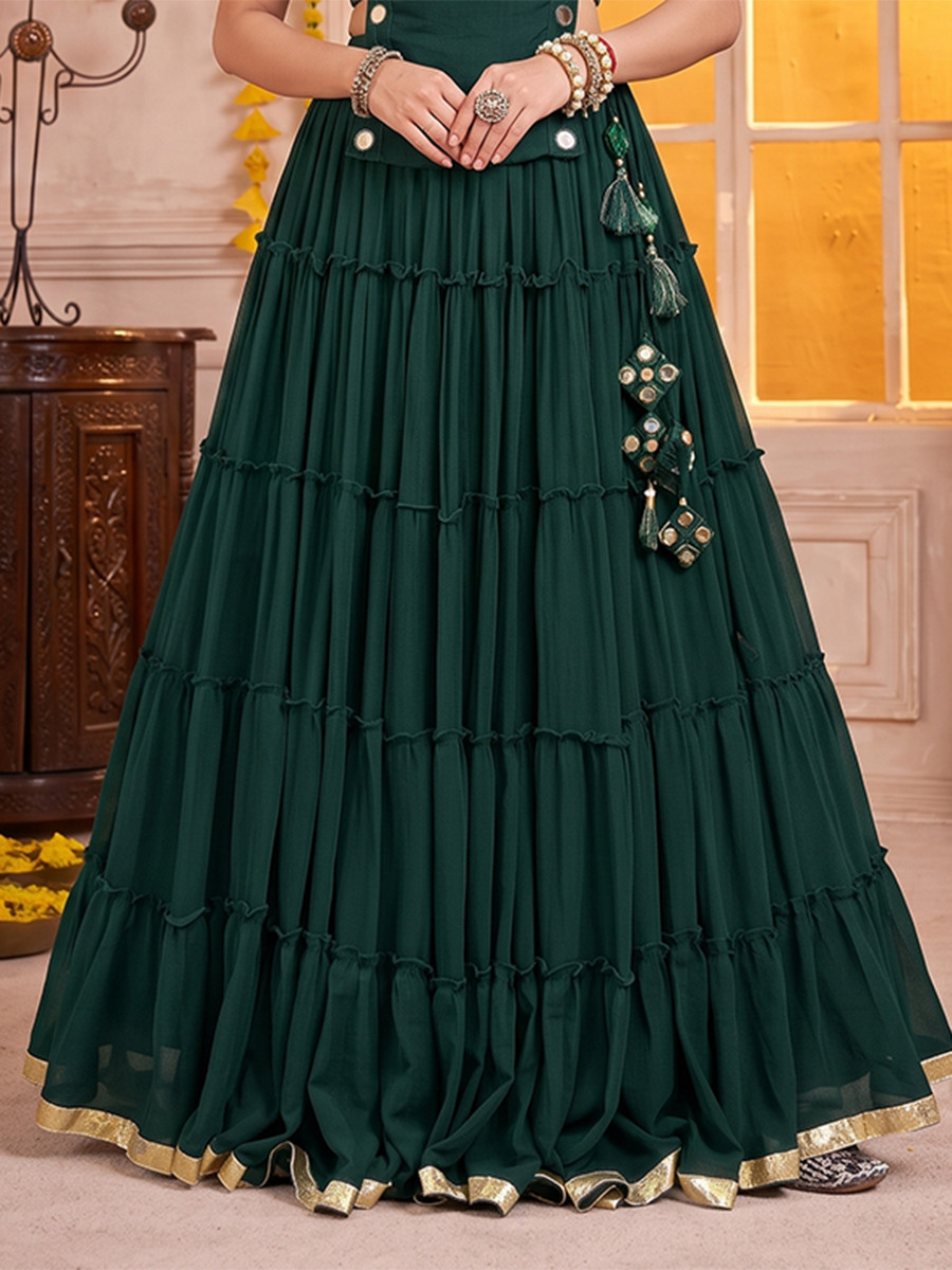 Green Georgette Mirror Wedding Reception Festival Party Wear Circular Lehenga Choli