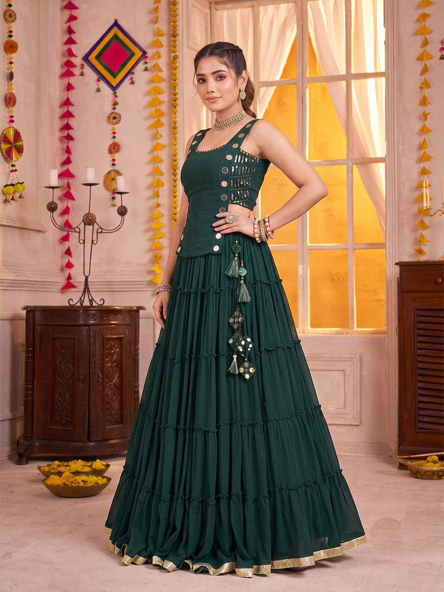 Green Georgette Mirror Wedding Reception Festival Party Wear Circular Lehenga Choli