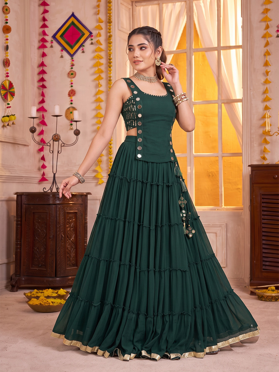 Green Georgette Mirror Wedding Reception Festival Party Wear Circular Lehenga Choli