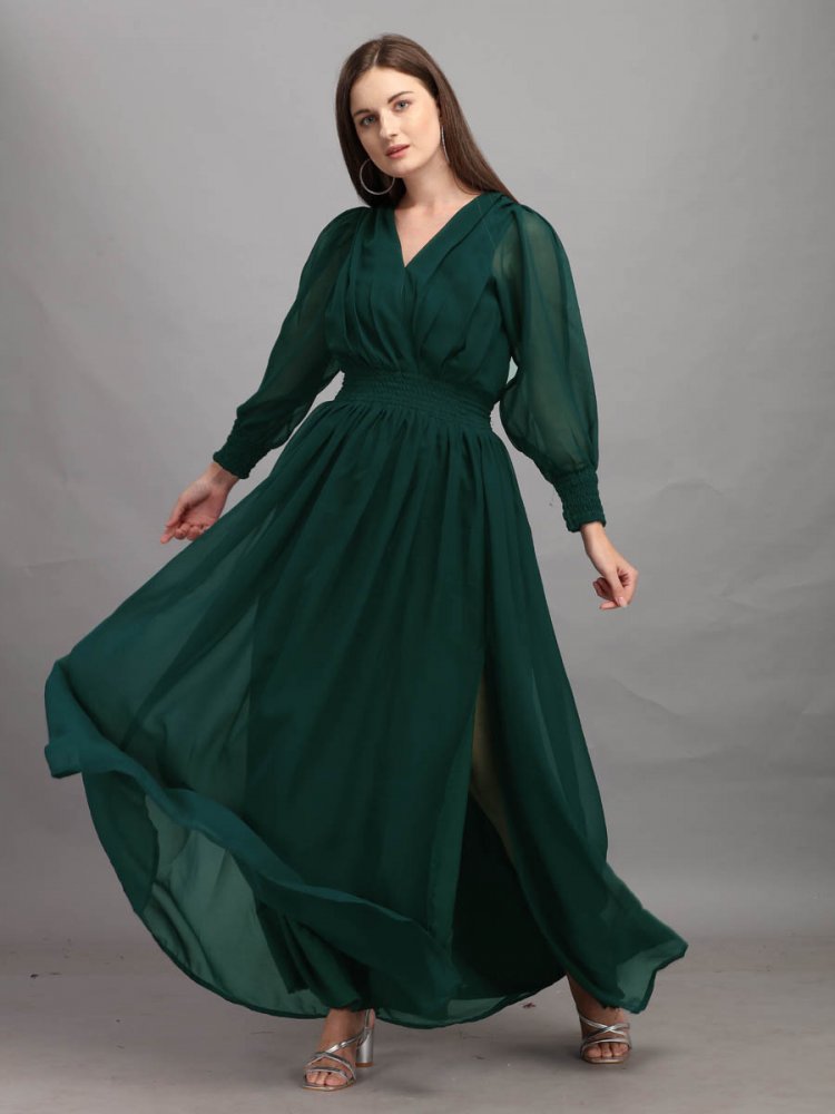 Green Georgette Plain Festival Party Gown
