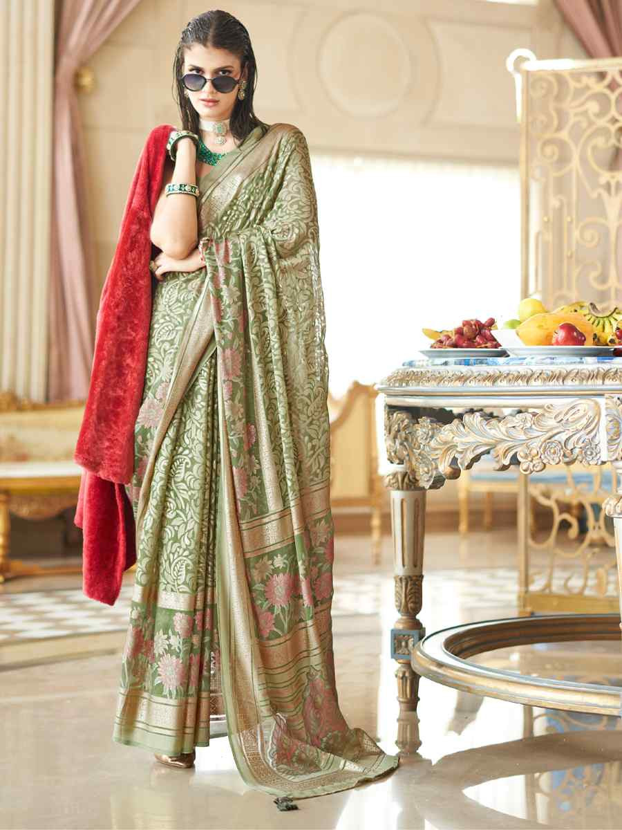 Green Georgette Printed Party Reception Festival Wedding Fancy Classic Style Sarees