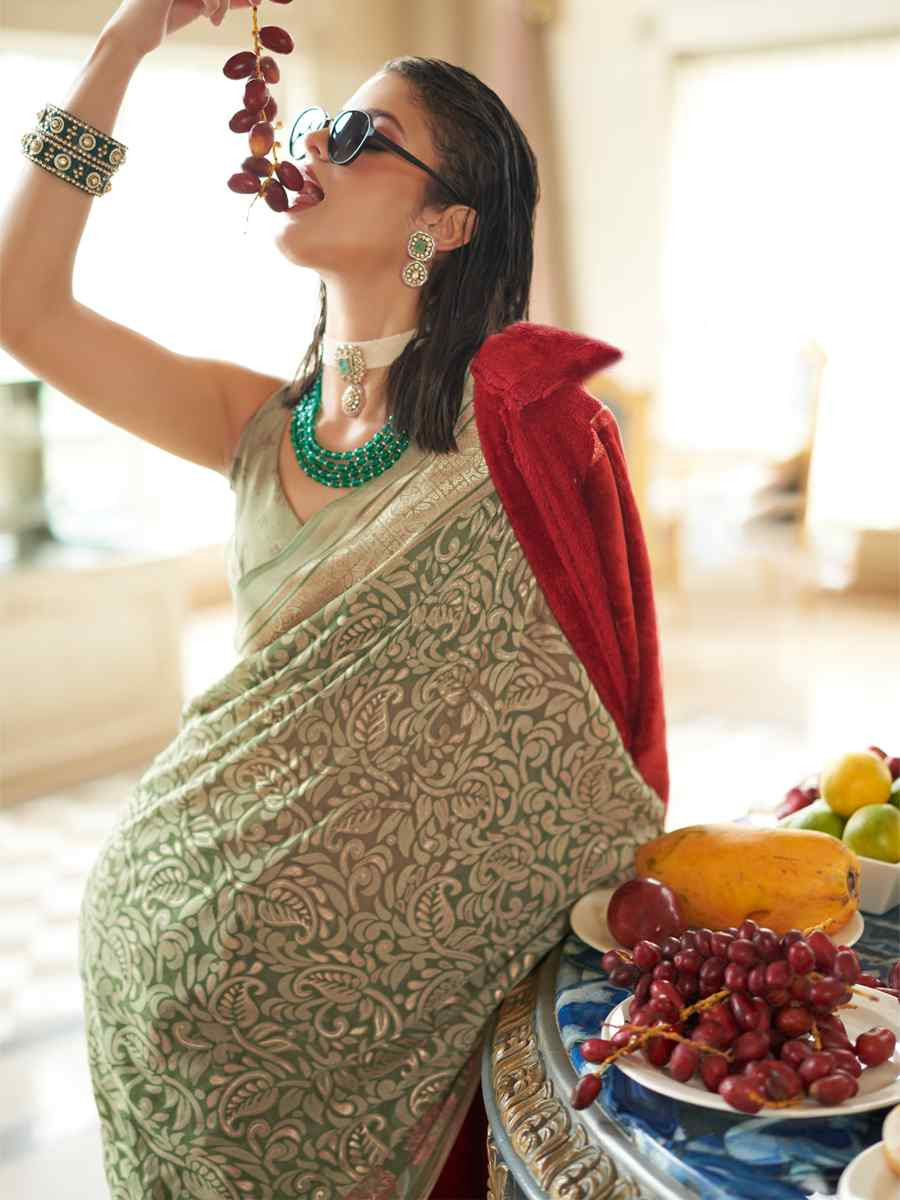 Green Georgette Printed Party Reception Festival Wedding Fancy Classic Style Sarees