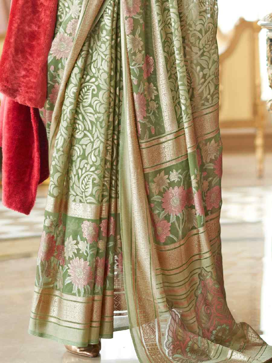 Green Georgette Printed Party Reception Festival Wedding Fancy Classic Style Sarees