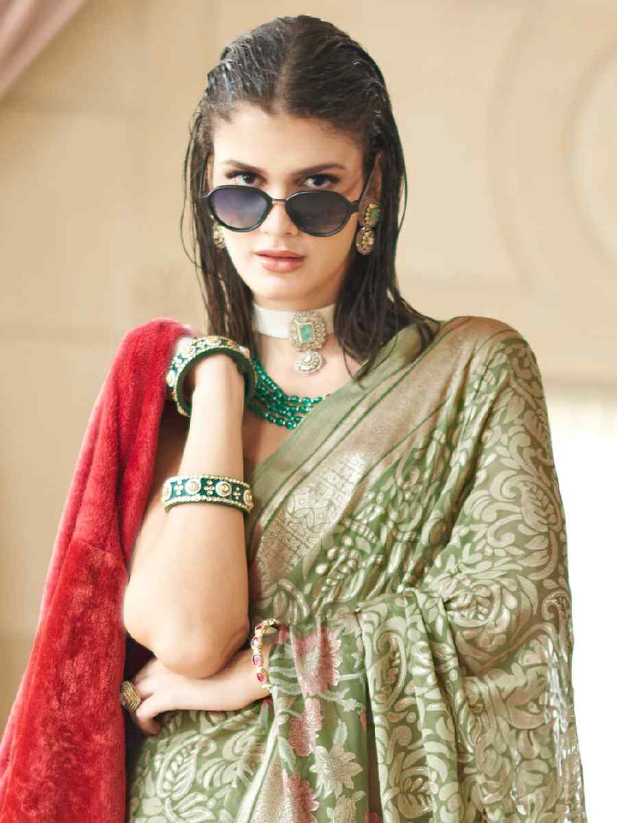 Green Georgette Printed Party Reception Festival Wedding Fancy Classic Style Sarees