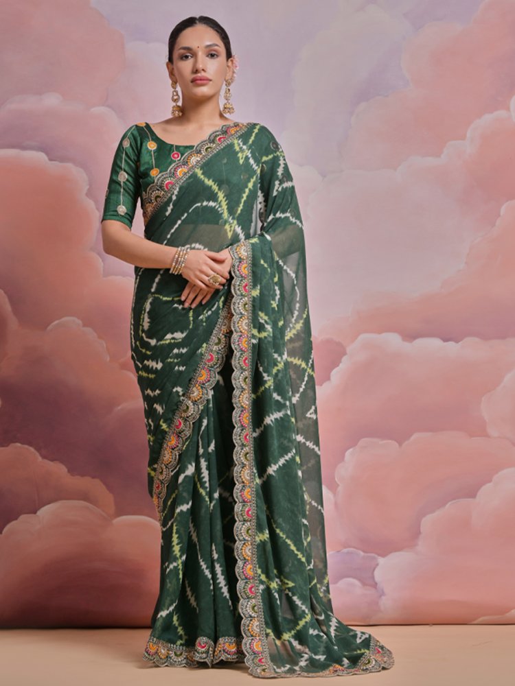 Green Georgette Printed Wedding Festival Classic Style Saree