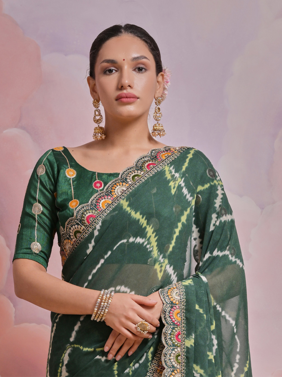 Green Georgette Printed Wedding Festival Classic Style Saree