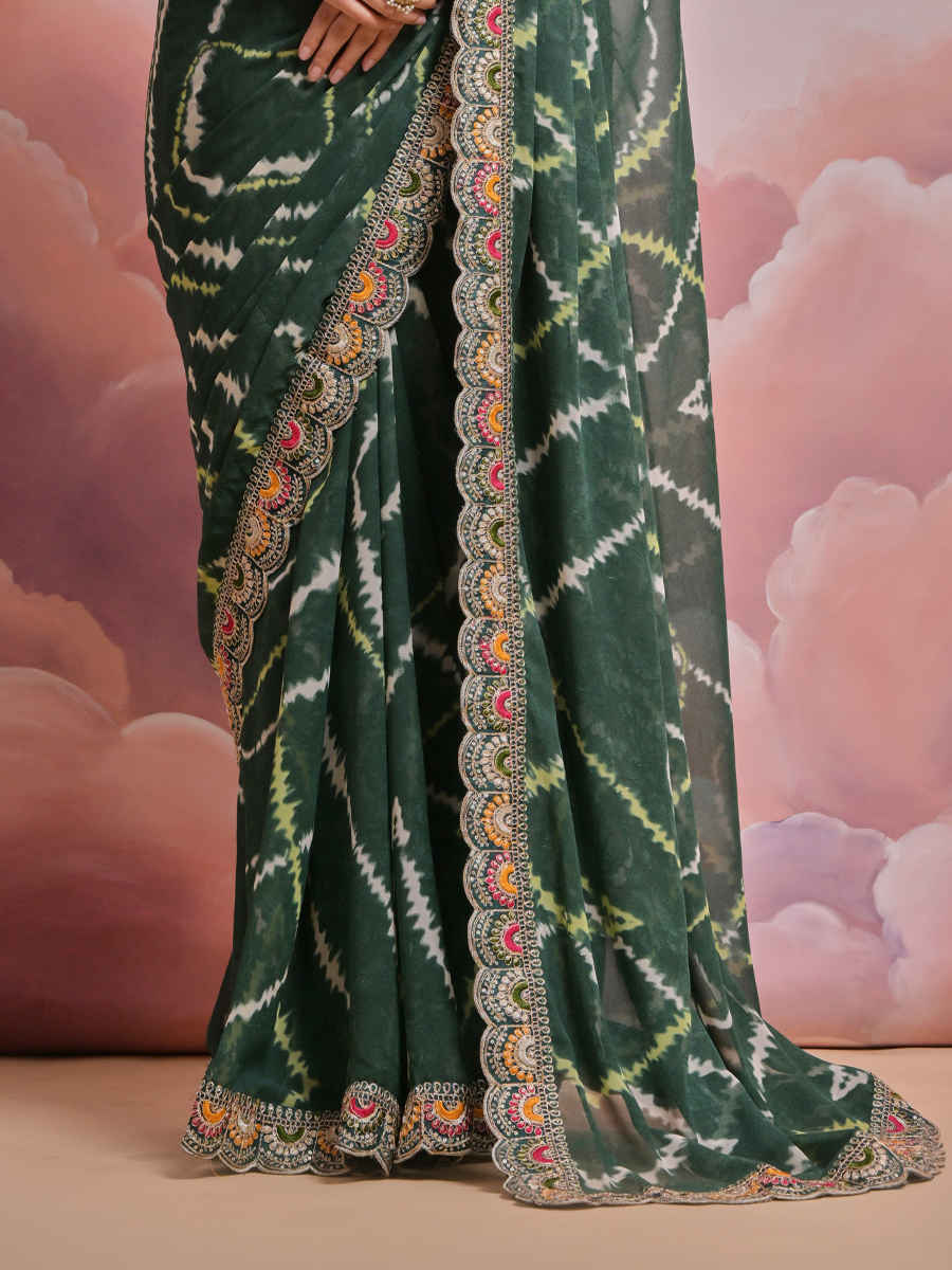 Green Georgette Printed Wedding Festival Classic Style Saree