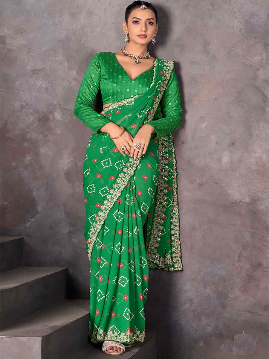 Green Georgette Printed with Embroidered Festival Wedding Fancy Heavy Border Saree