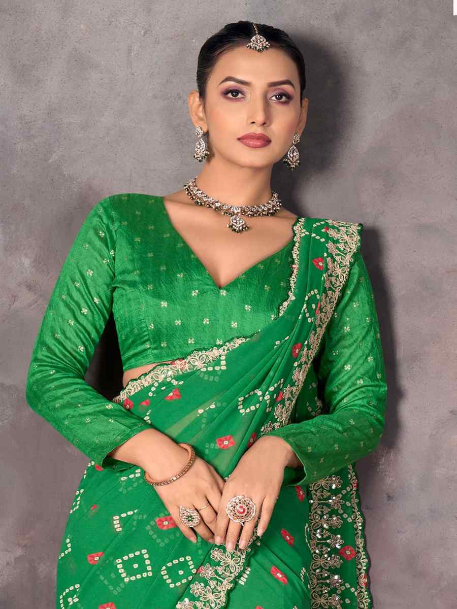 Green Georgette Printed with Embroidered Festival Wedding Fancy Heavy Border Saree