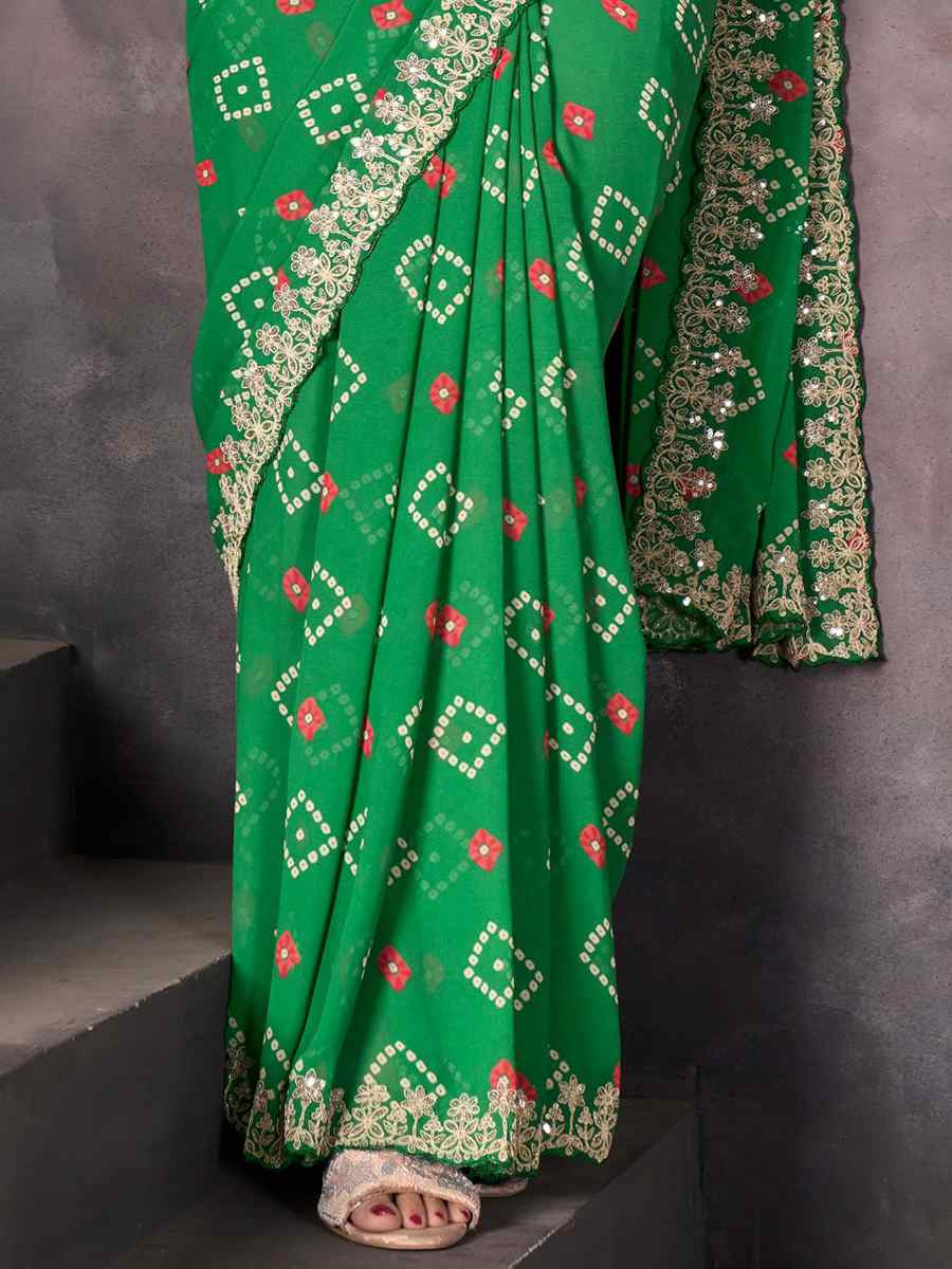 Green Georgette Printed with Embroidered Festival Wedding Fancy Heavy Border Saree