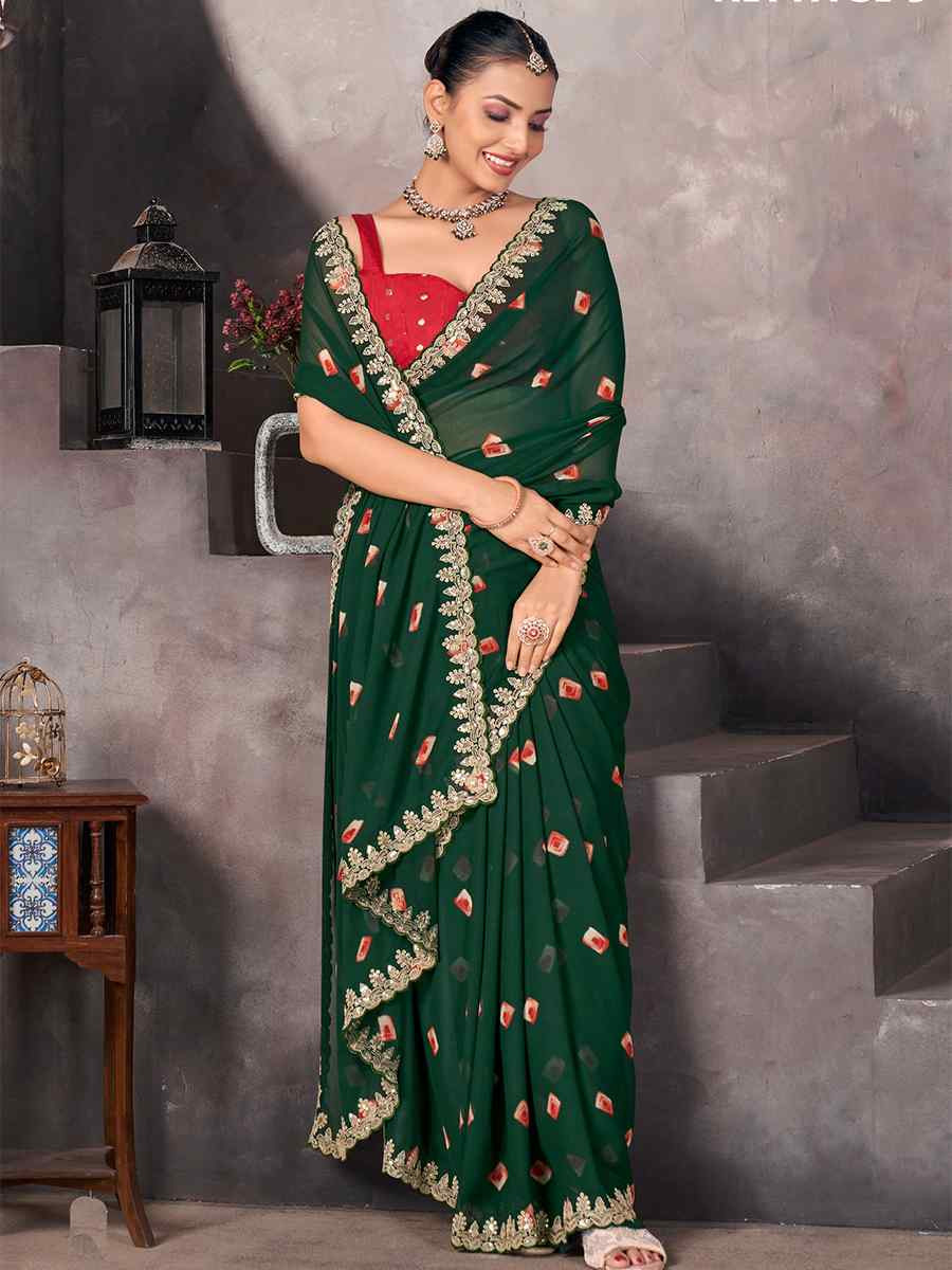 Green Georgette Printed with Embroidered Festival Wedding Fancy Heavy Border Saree