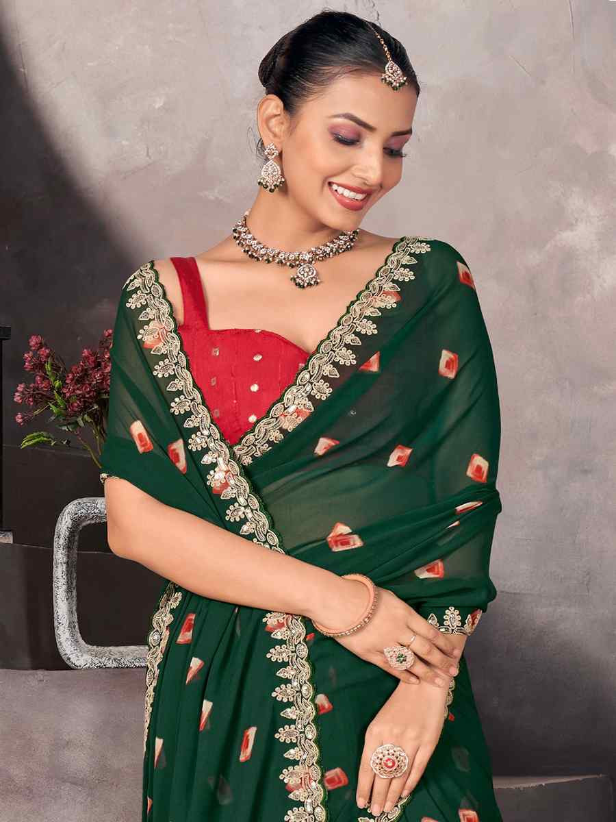 Green Georgette Printed with Embroidered Festival Wedding Fancy Heavy Border Saree