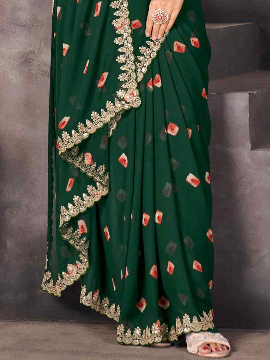Green Georgette Printed with Embroidered Festival Wedding Fancy Heavy Border Saree