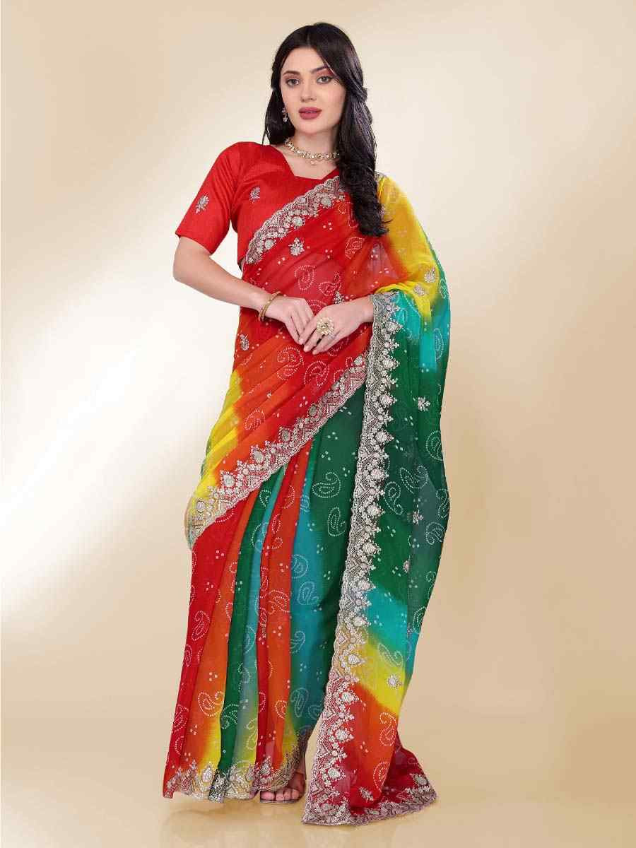 Green Georgette Printed with Embroidered Festival Wedding Fancy Heavy Border Saree