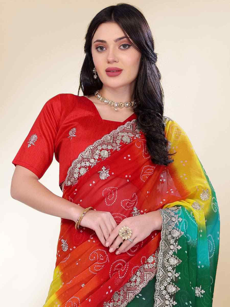 Green Georgette Printed with Embroidered Festival Wedding Fancy Heavy Border Saree