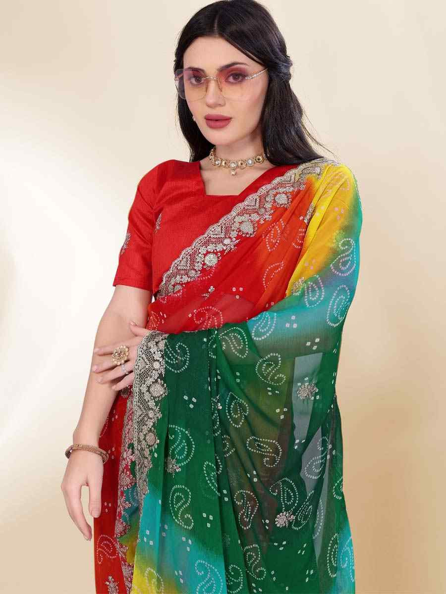 Green Georgette Printed with Embroidered Festival Wedding Fancy Heavy Border Saree