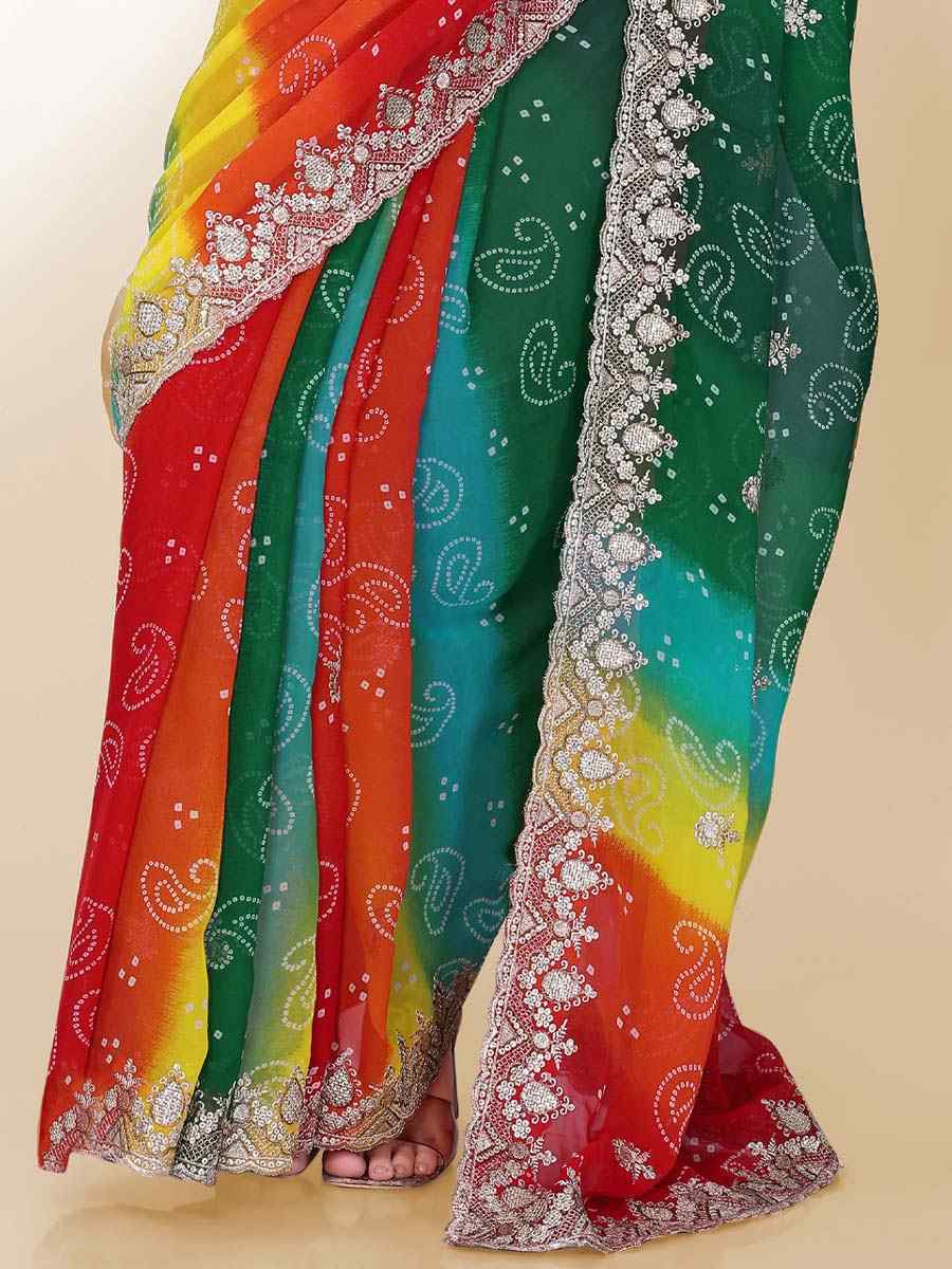 Green Georgette Printed with Embroidered Festival Wedding Fancy Heavy Border Saree