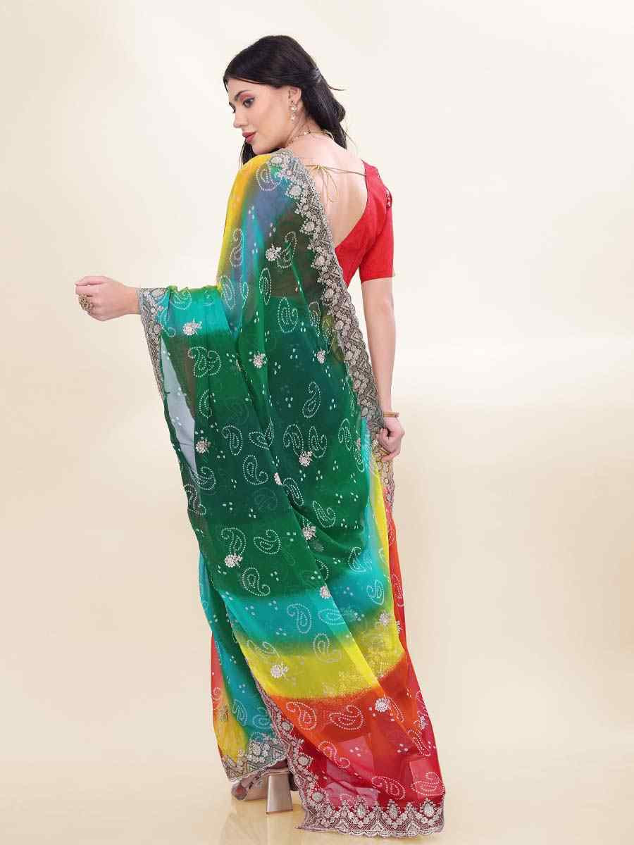 Green Georgette Printed with Embroidered Festival Wedding Fancy Heavy Border Saree