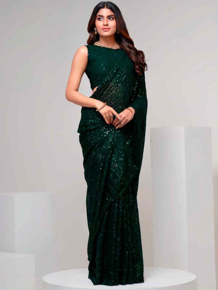 Green Georgette Sequins Cocktail Party Classic Style Saree