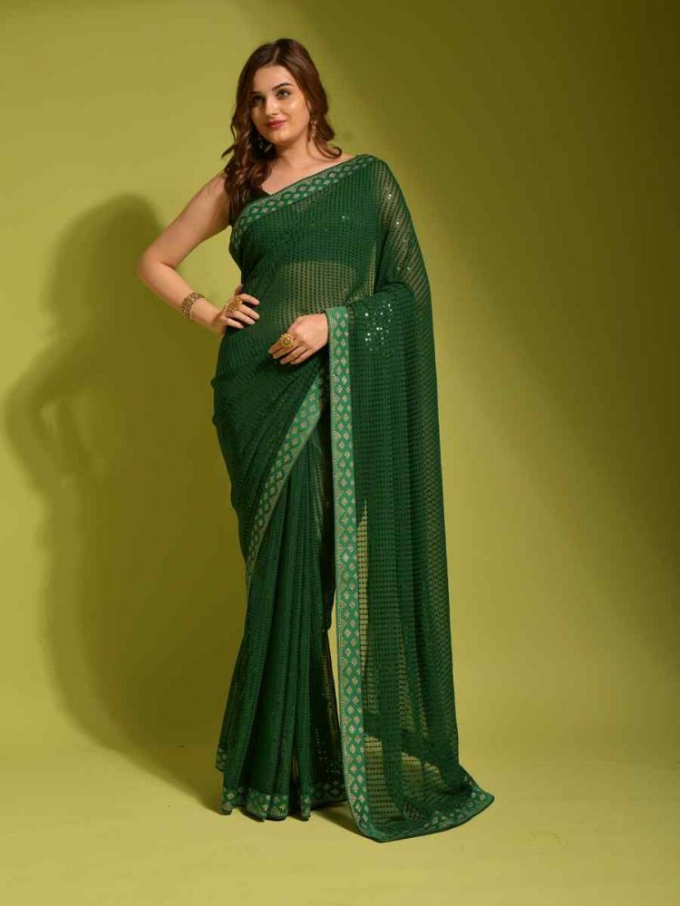 Green Georgette Sequins Cocktail Party Classic Style Saree