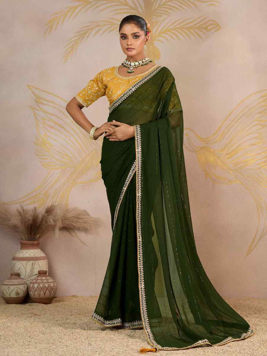 Green Georgette Sequins Embroidery Party Reception Festival Wedding Fancy Classic Style Sarees