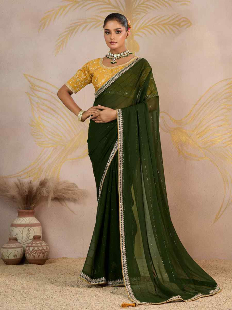 Image of Green Georgette Sequins Embroidery Party Reception Festival Wedding Fancy Classic Style Sarees