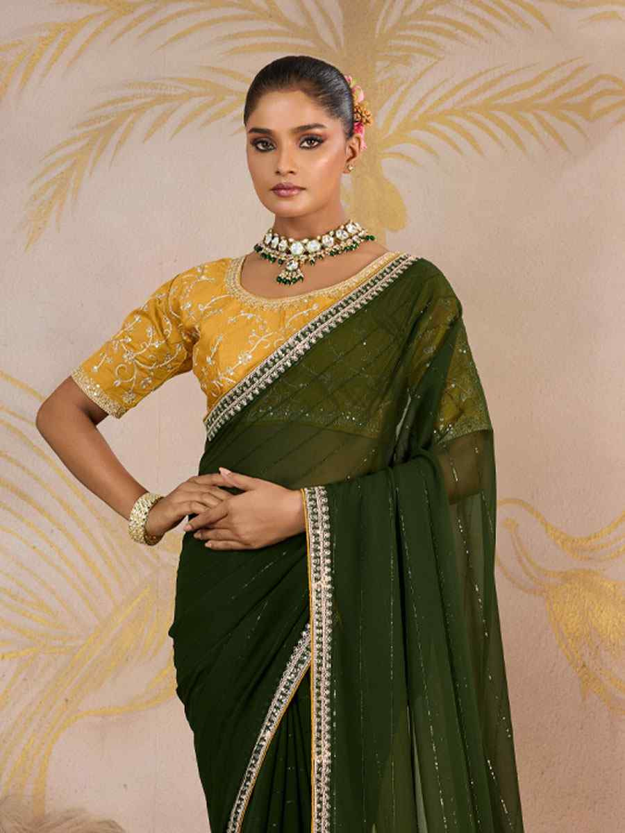 Green Georgette Sequins Embroidery Party Reception Festival Wedding Fancy Classic Style Sarees