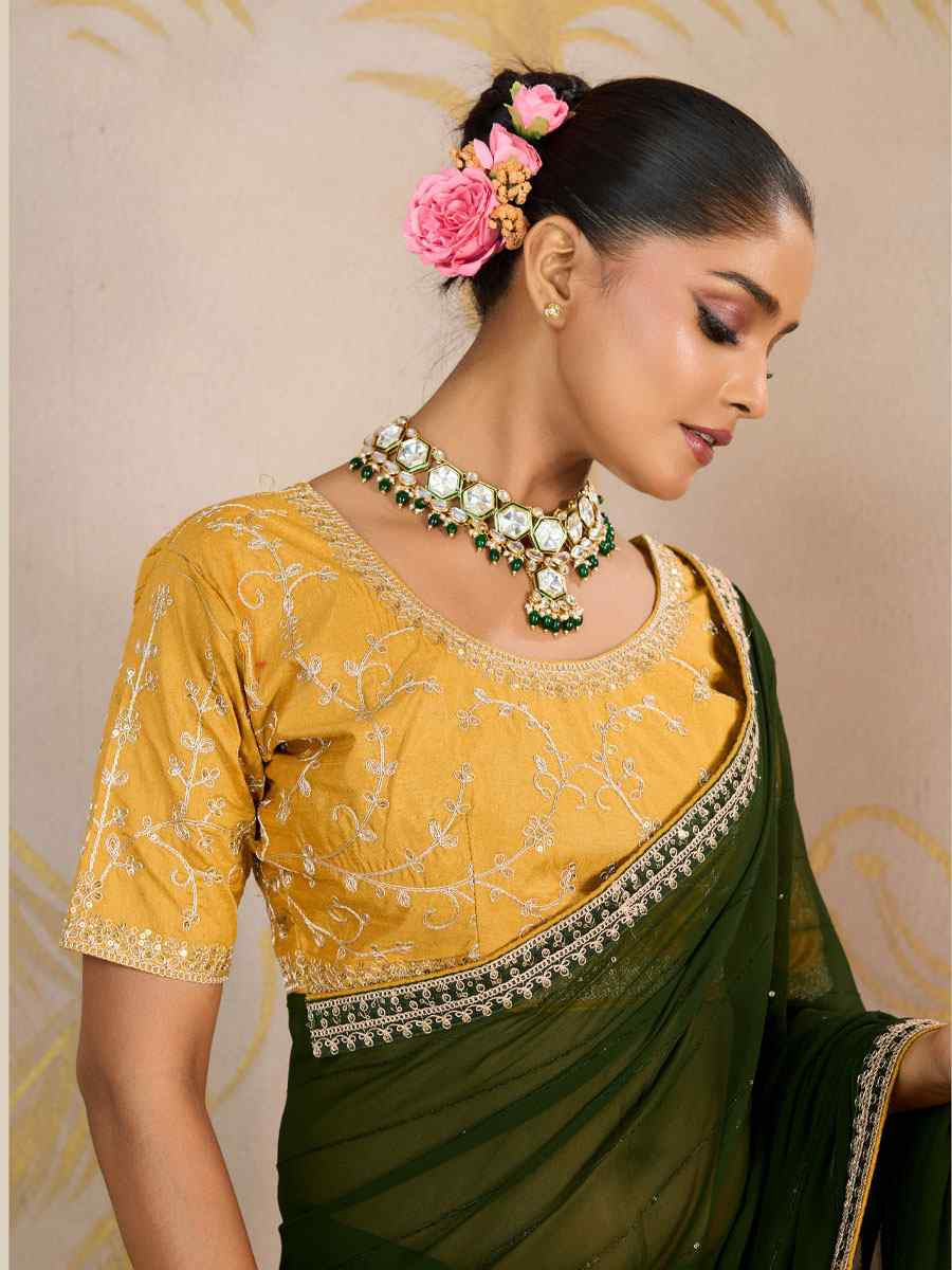 Green Georgette Sequins Embroidery Party Reception Festival Wedding Fancy Classic Style Sarees