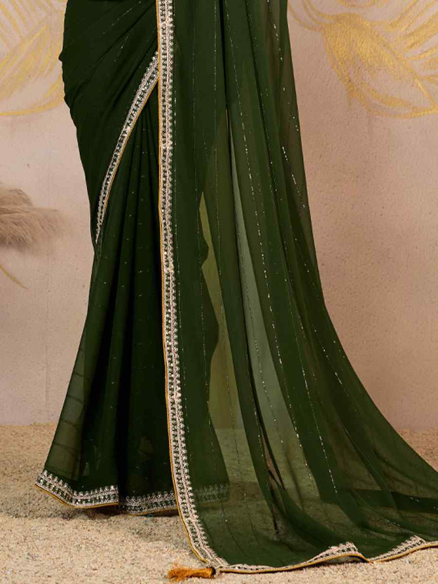 Green Georgette Sequins Embroidery Party Reception Festival Wedding Fancy Classic Style Sarees