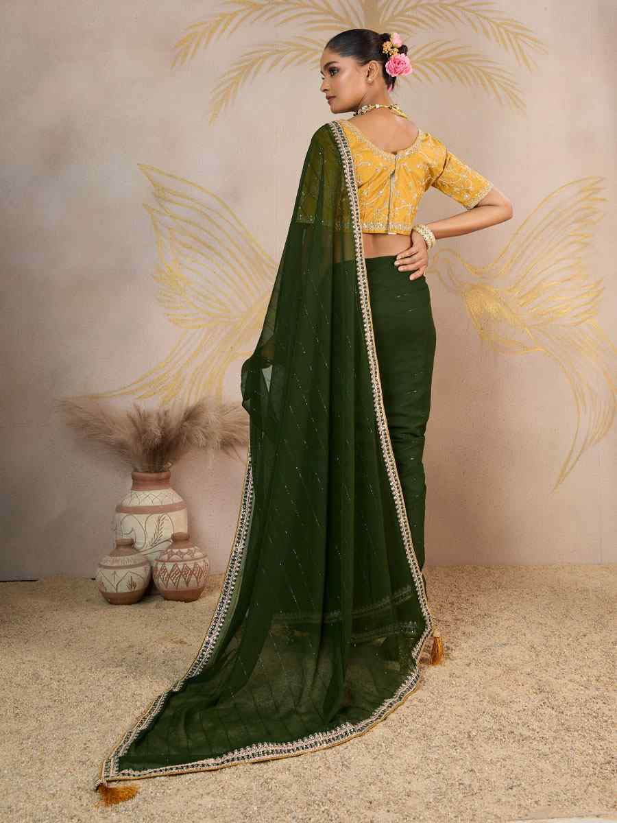 Green Georgette Sequins Embroidery Party Reception Festival Wedding Fancy Classic Style Sarees
