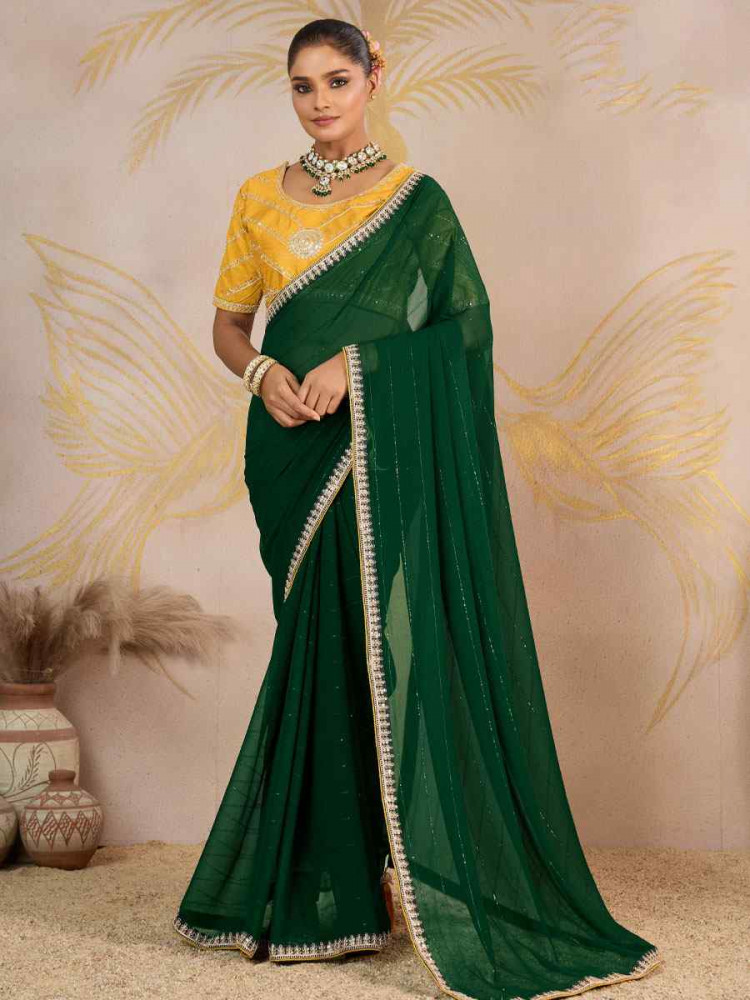 Image of Green Georgette Sequins Embroidery Party Reception Festival Wedding Fancy Classic Style Sarees