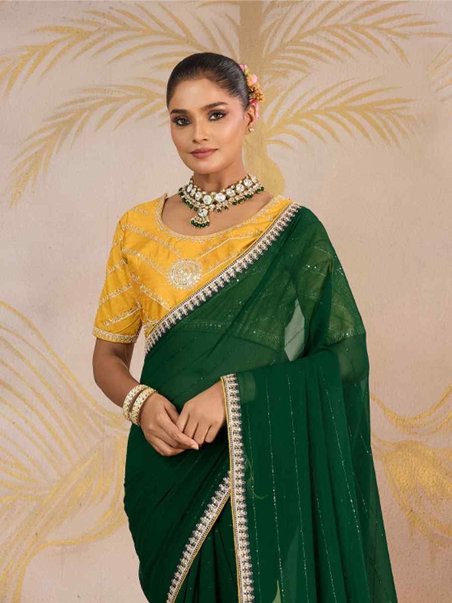 Green Georgette Sequins Embroidery Party Reception Festival Wedding Fancy Classic Style Sarees