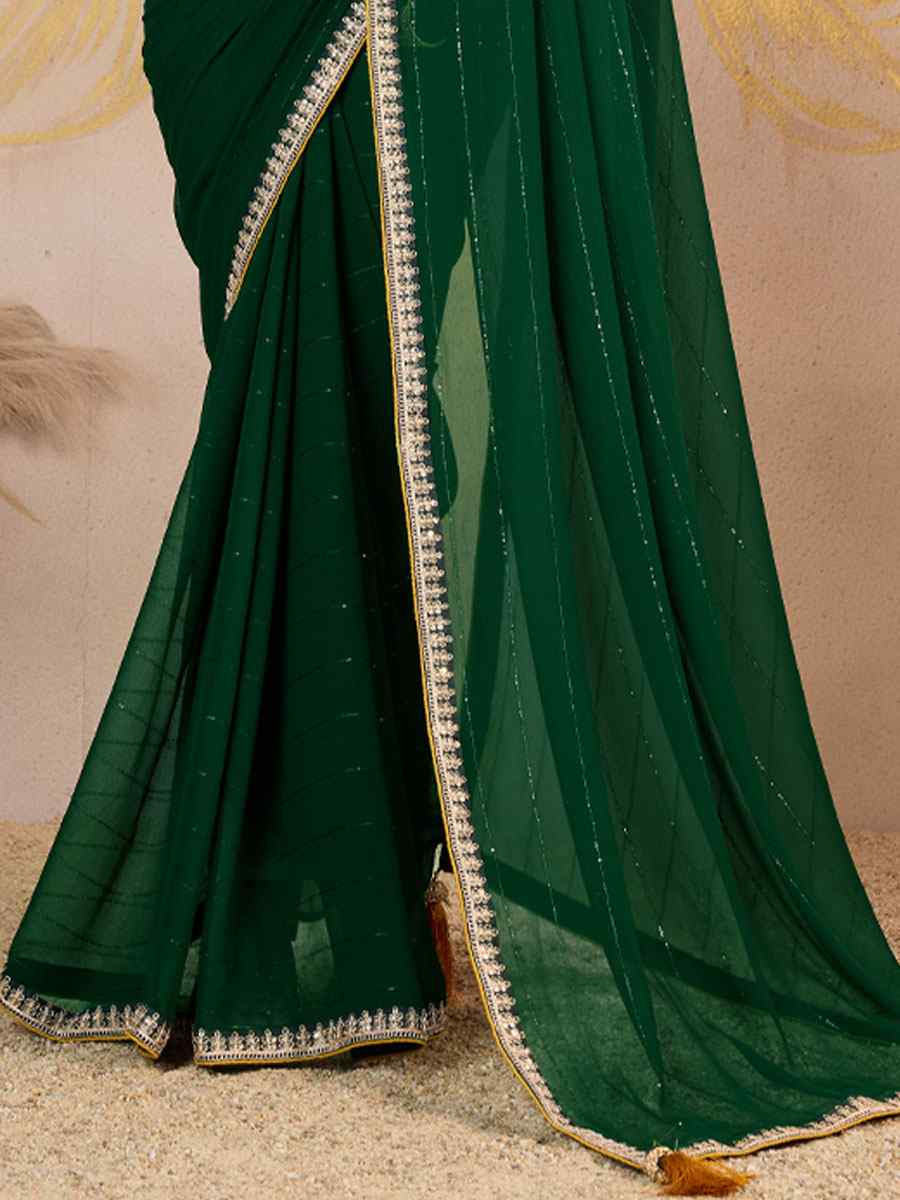 Green Georgette Sequins Embroidery Party Reception Festival Wedding Fancy Classic Style Sarees