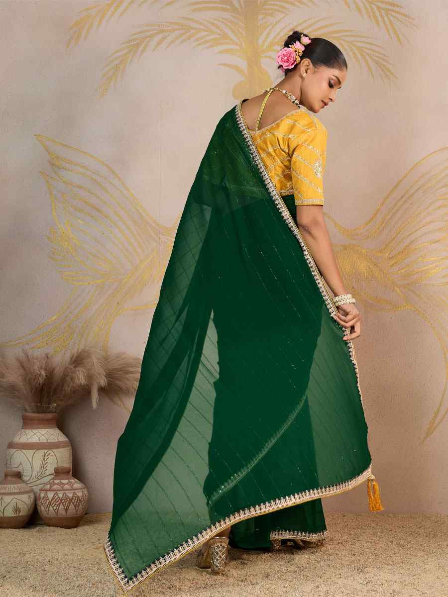 Green Georgette Sequins Embroidery Party Reception Festival Wedding Fancy Classic Style Sarees