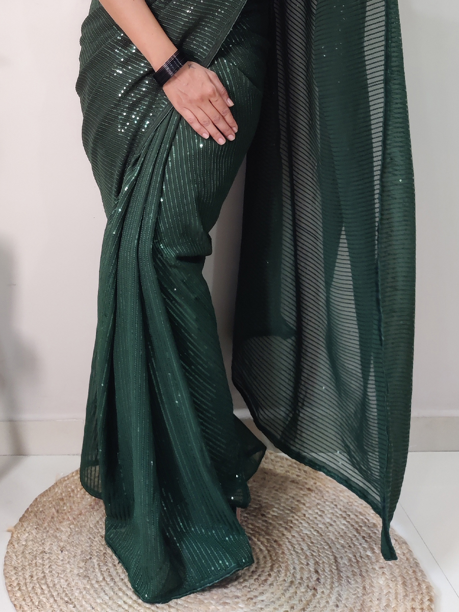 Green Georgette Sequins Party Festival Classic Style Saree