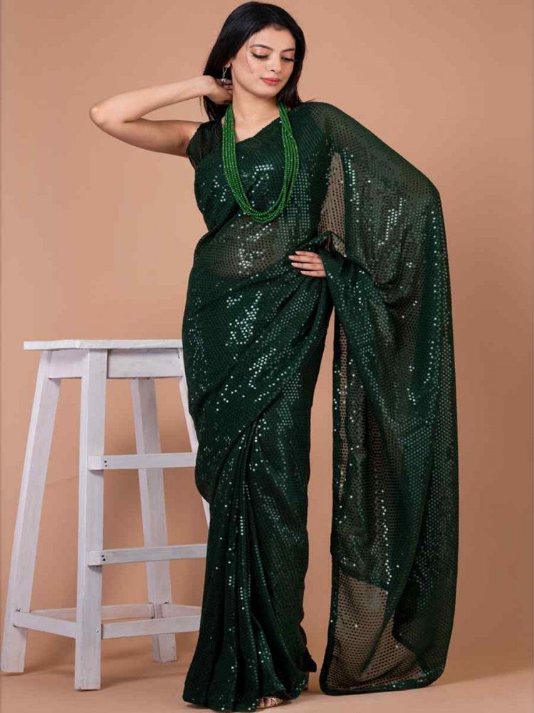 Green Georgette Sequins Party Festival Classic Style Saree