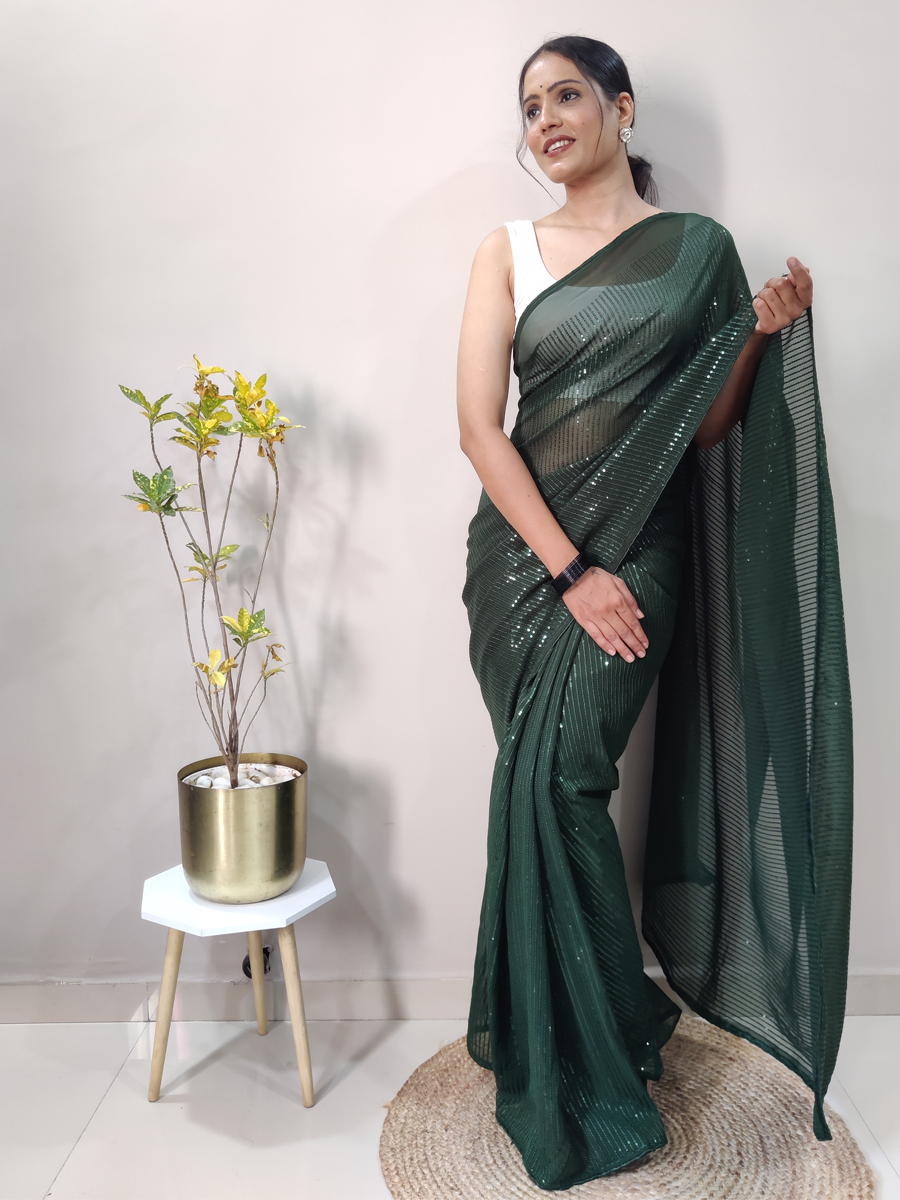 Green Georgette Sequins Party Festival Classic Style Saree