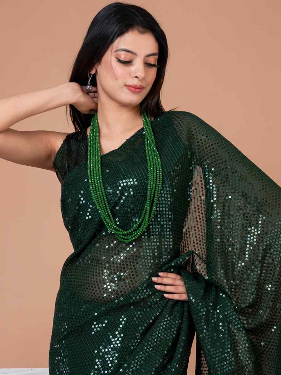 Green Georgette Sequins Party Festival Classic Style Saree