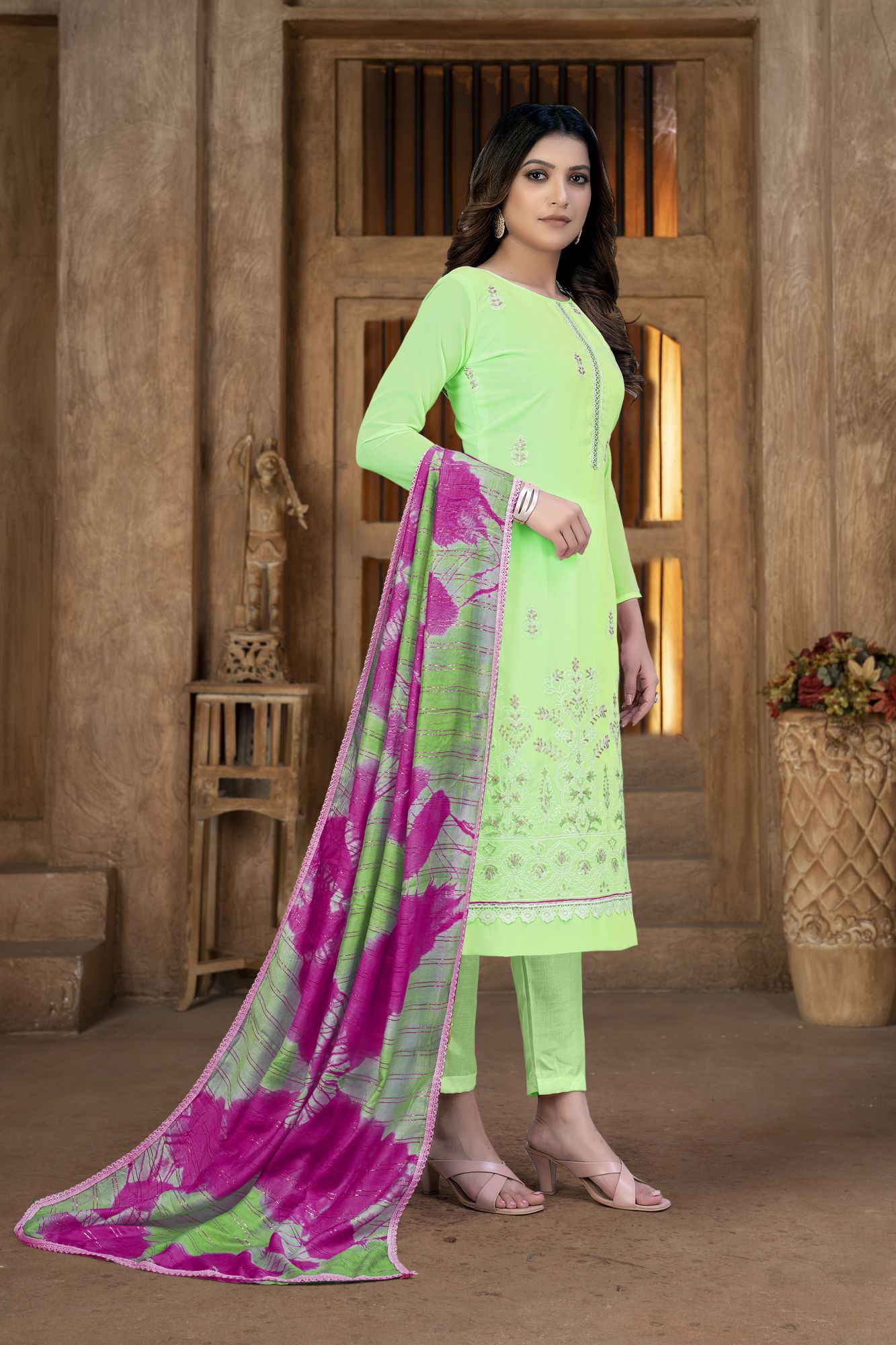 Green Georgette Sequins Party Festival Pant Salwar Kameez