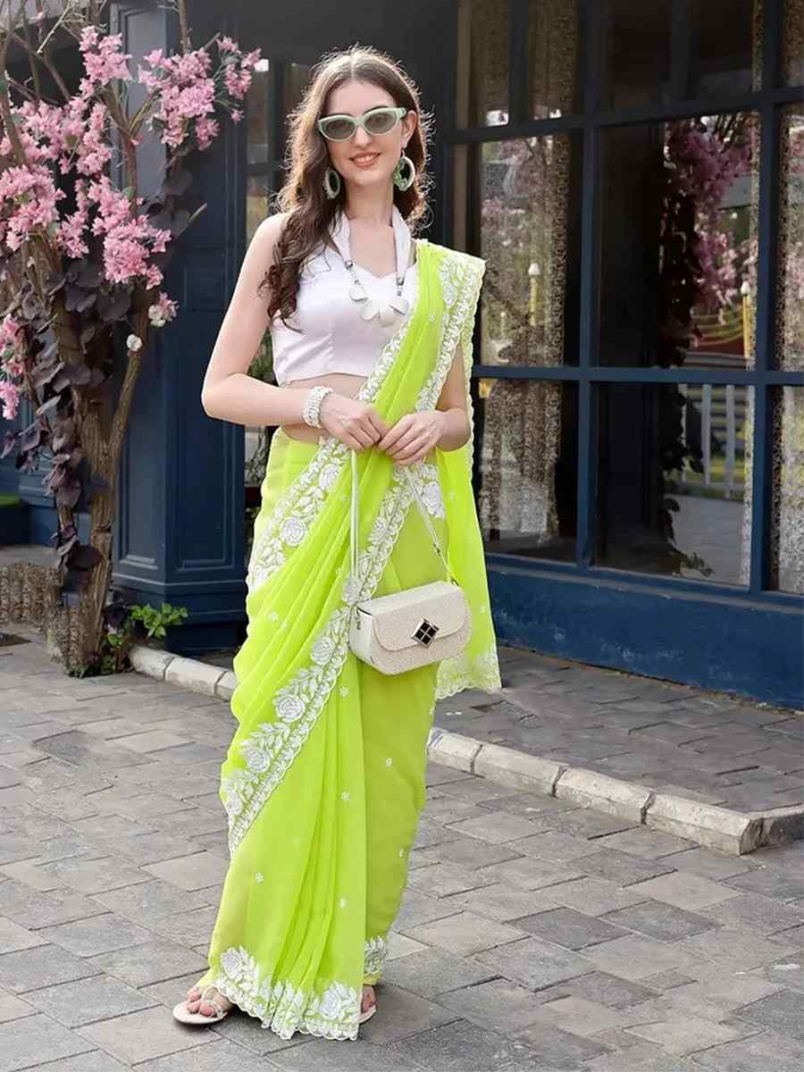 Green Georgette Solid Festival Wedding Fancy Heavy Border Saree