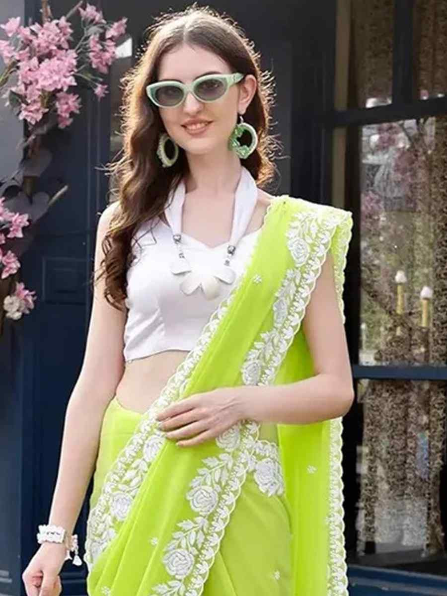 Green Georgette Solid Festival Wedding Fancy Heavy Border Saree