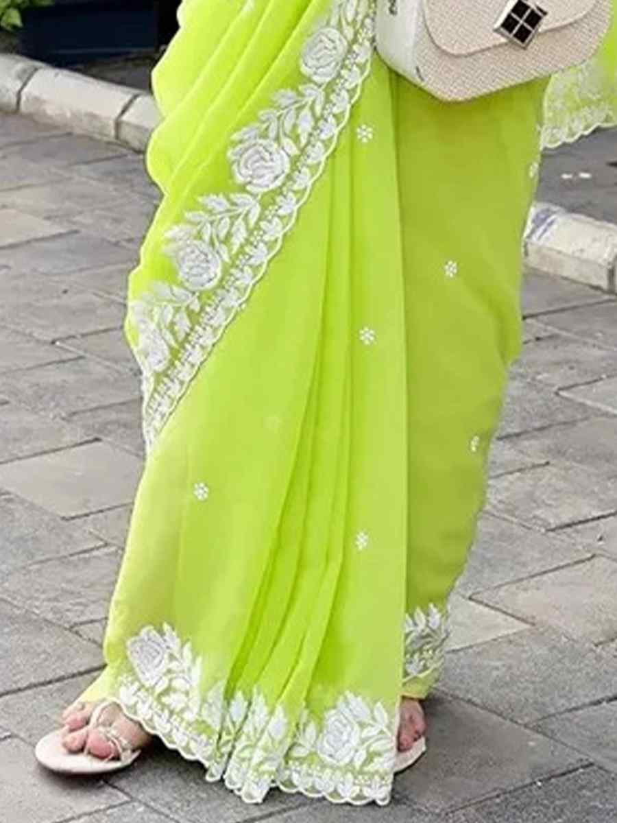 Green Georgette Solid Festival Wedding Fancy Heavy Border Saree