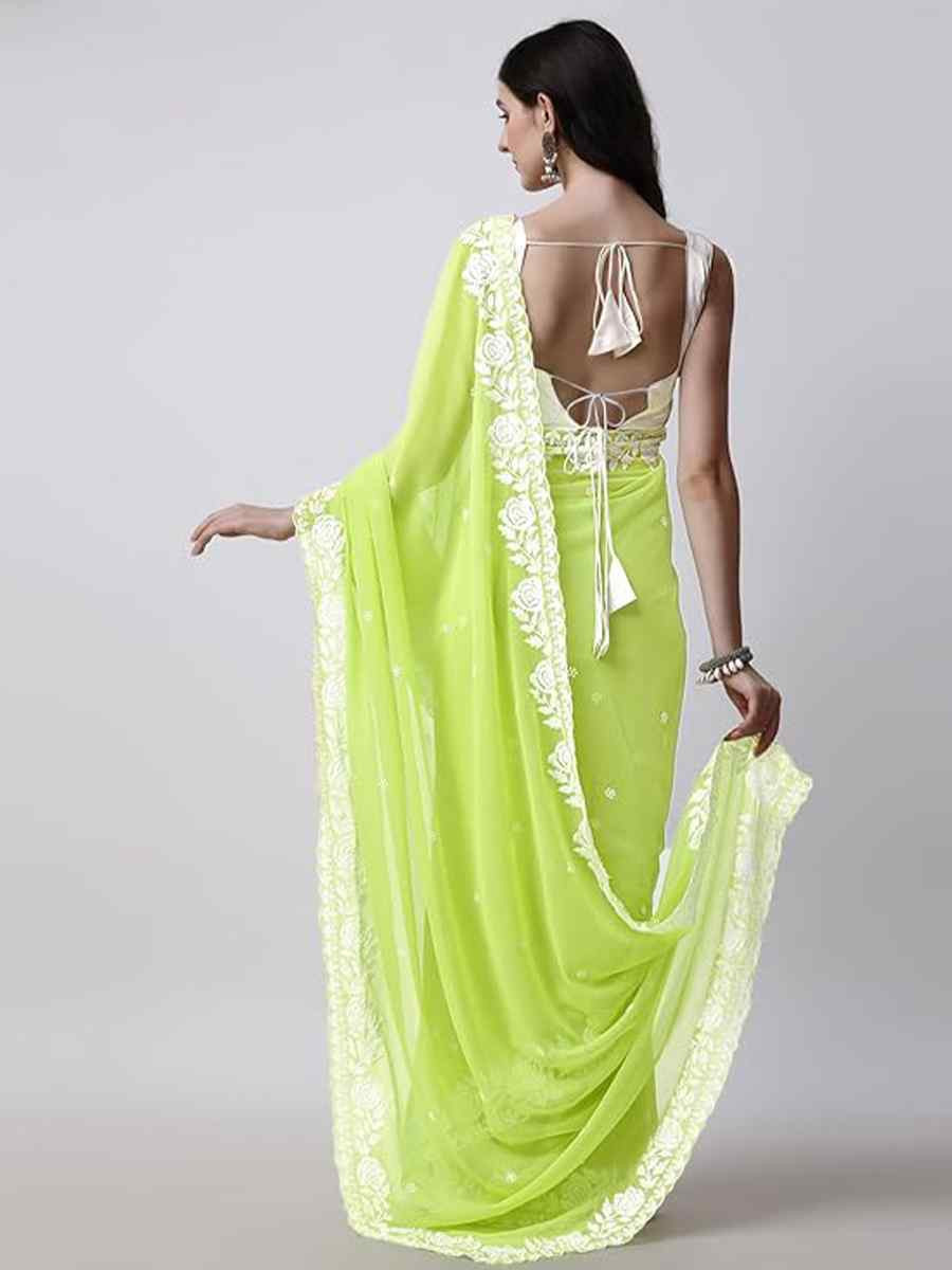 Green Georgette Solid Festival Wedding Fancy Heavy Border Saree