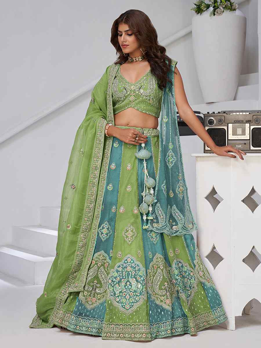 Green Georgette Tissue Embroidered Wedding Reception Festival Heavy Border Lehenga Choli